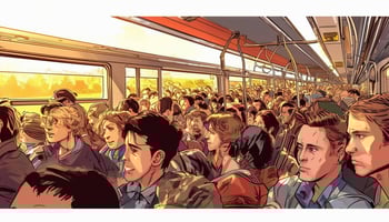 Viele Menschen eng nebeneinander im Zug.