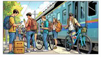 Gruppe junger Menschen steht mit Fahrrädern und Rucksäcken an einem kleinen deutschen Bahnhof. Im Hintergrund hält ein Regionalzug mit „Deutschlandticket“-Sticker. Die Gruppe wirkt fröhlich und spontan, einige planen die Route am Handy, andere lachen und stoßen mit Getränken an. Das Wetter ist leicht bewölkt mit Sonnenstrahlen. Szene vermittelt Ausflugslaune zum Feiertag Christi Himmelfahrt.