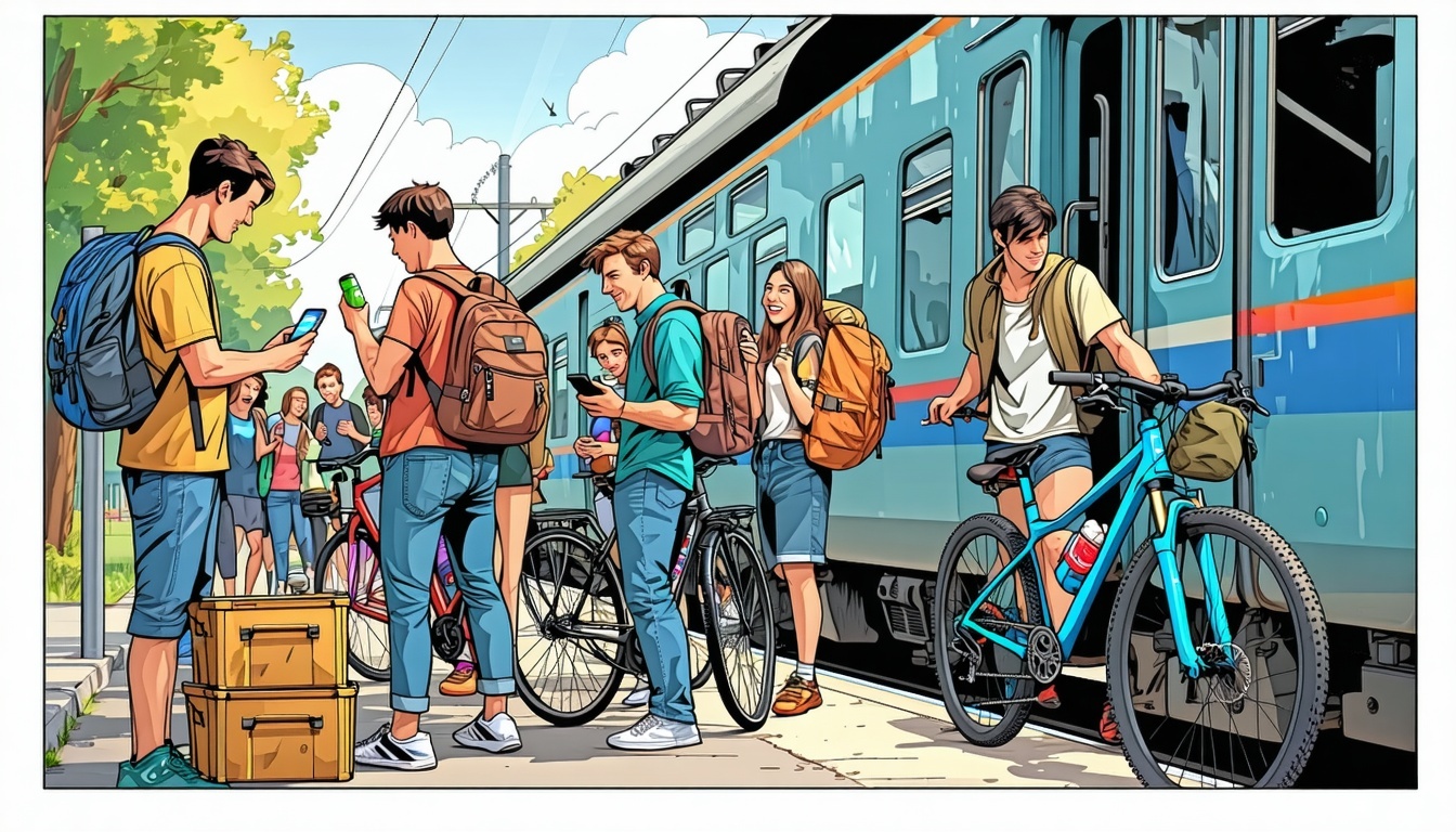 Gruppe junger Menschen steht mit Fahrrädern und Rucksäcken an einem kleinen deutschen Bahnhof. Im Hintergrund hält ein Regionalzug mit „Deutschlandticket“-Sticker. Die Gruppe wirkt fröhlich und spontan, einige planen die Route am Handy, andere lachen und stoßen mit Getränken an. Das Wetter ist leicht bewölkt mit Sonnenstrahlen. Szene vermittelt Ausflugslaune zum Feiertag Christi Himmelfahrt.