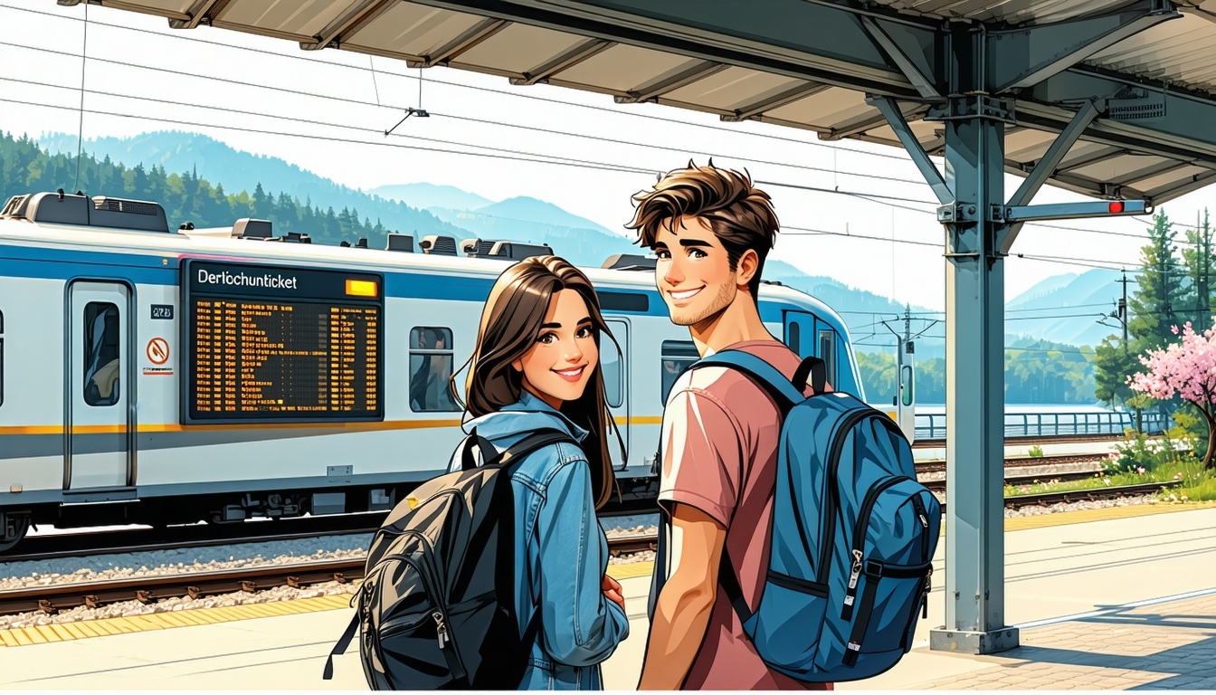 Junges Paar am Bahnsteig kurz vor der Abfahrt zu einem Ausflug mit dem Deutschlandticket.